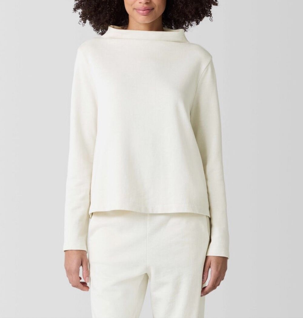 Eileen Fisher $148 Garment Dyed Organic Cotton Terry Funnel Neck Top bone XS NEW